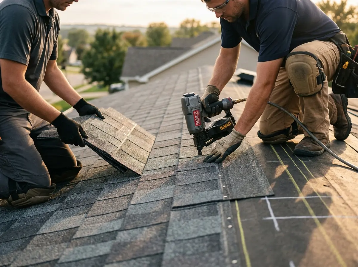 Professional roofer working on a residential roof in West Mifflin